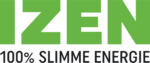 Het logo van IZEN. In groene hoofdletters staat 'IZEN'. Daaronder staat '100% slimme energie'